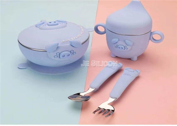 Pig Shape Pink Silicone Baby Feeding Set , Silicone Plates And Bowls FDA Approved